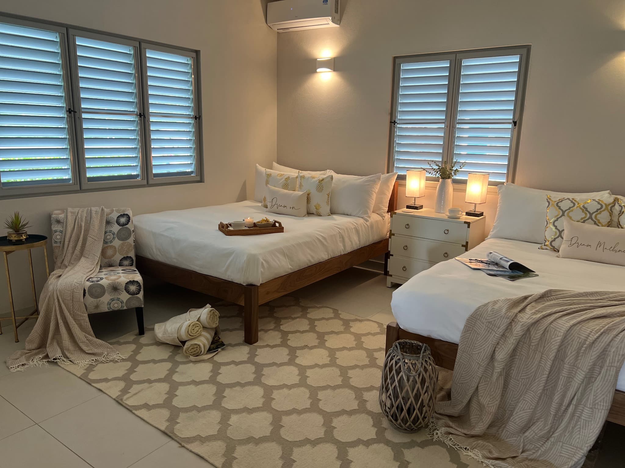 3rd bedroom with 2 Super King-Sized beds, ceiling fans, AC, safe and TV.