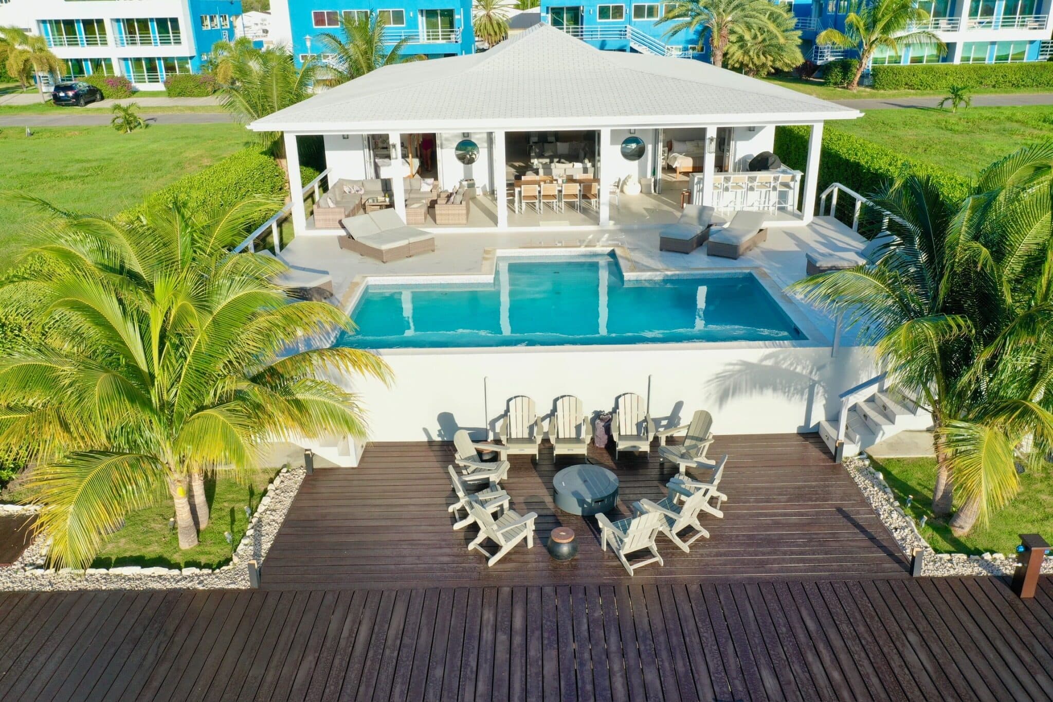 Aerial view of the Coco Palms pool, terrace, garden and private mooring