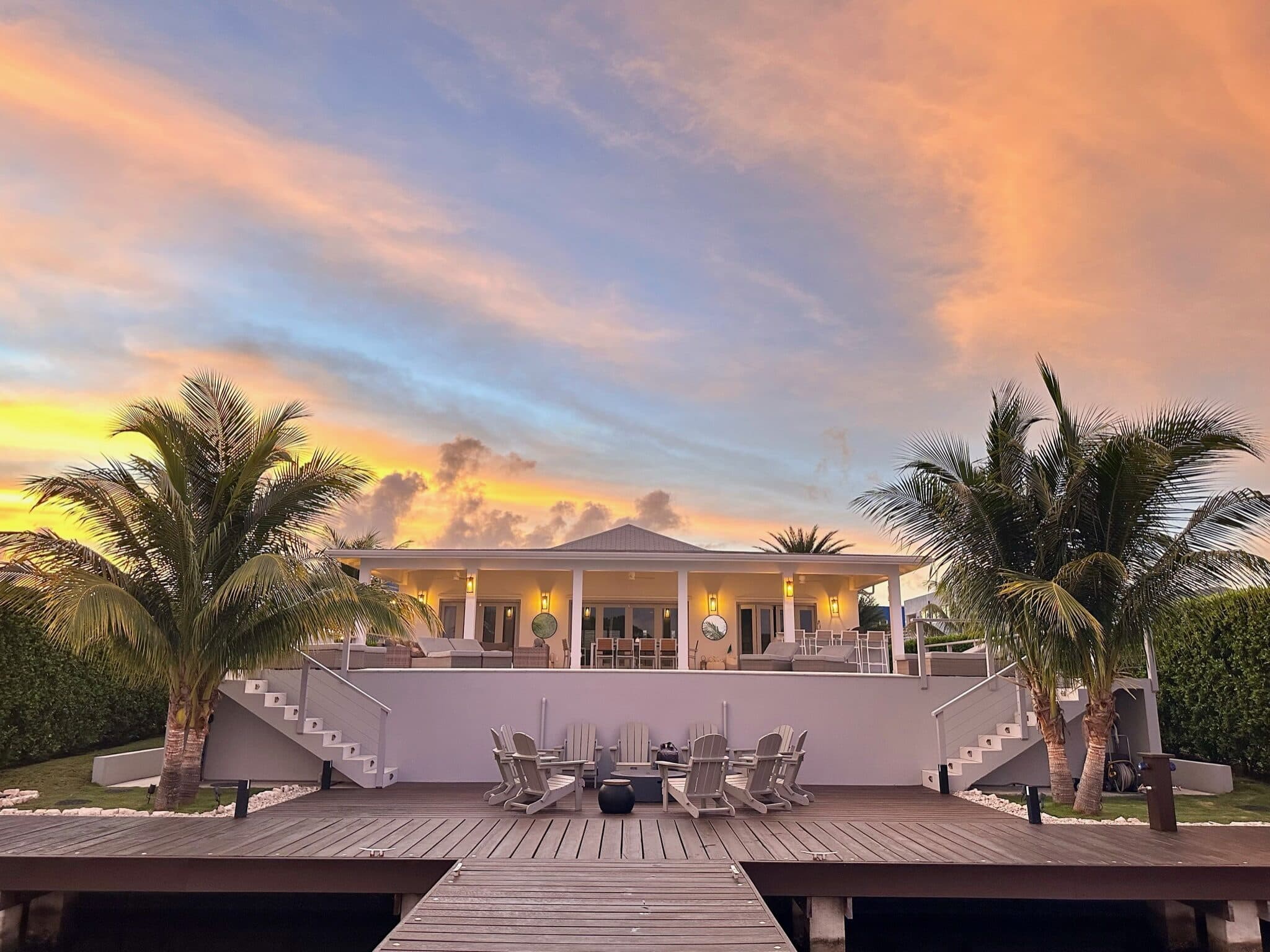 Coco Palms viewed from its waterfront mooring beneath a golden sunset