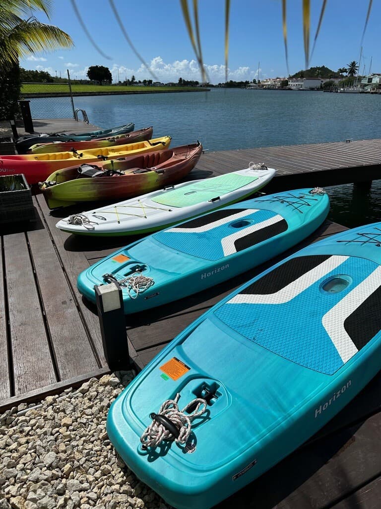 Kayaks and paddleboards lined up on the private dock